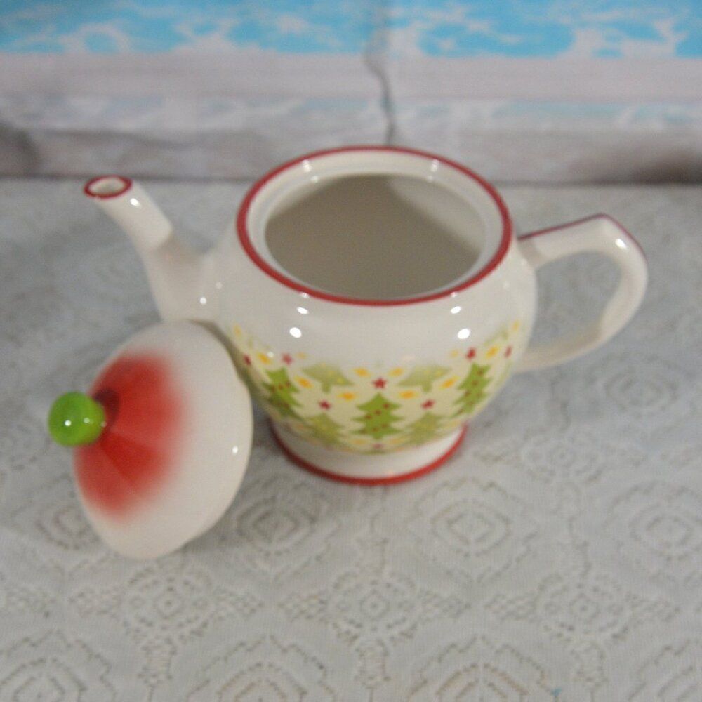 Harry & David Vintage Teapot Christmas Trees Holiday Decoration Red Trim - Picture 4 of 5